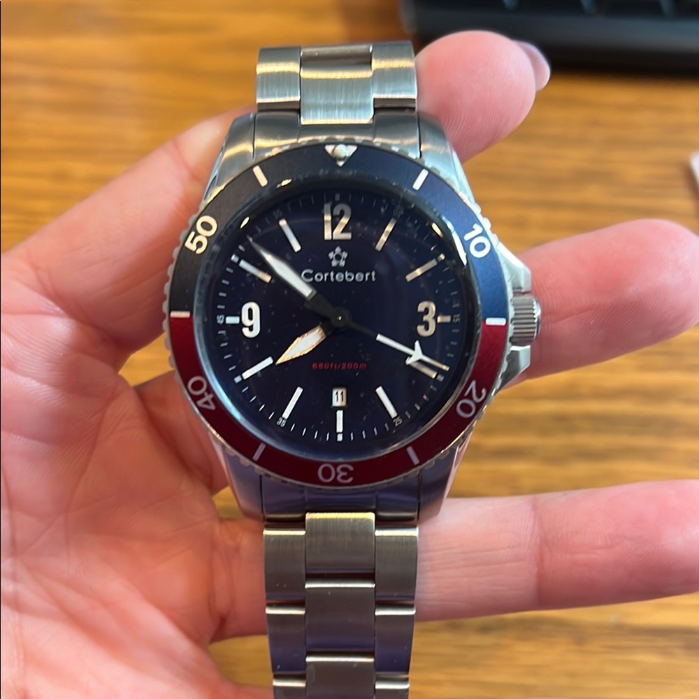 Cortbert Silver, Red, and Blue Dive Watch with Rotating Bezel